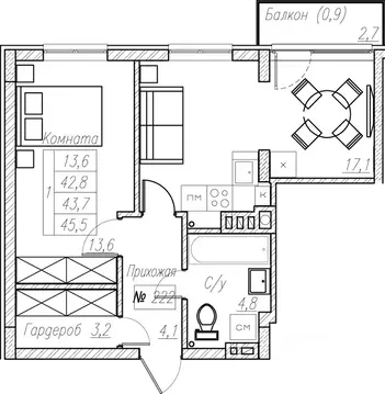 1-к кв. Калининградская область, Пионерский  (43.7 м)