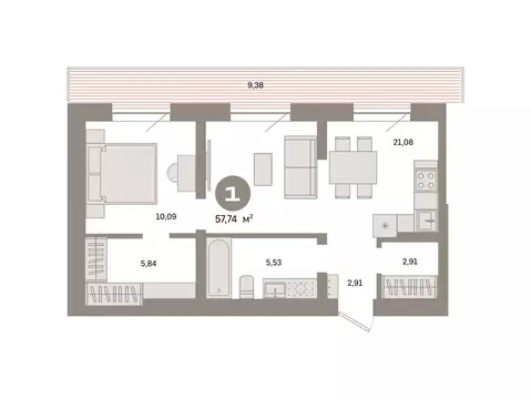 1-комнатная квартира: Тюмень, Причальная улица, 7 (57.74 м)
