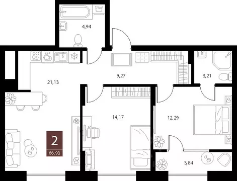 2-к кв. Рязанская область, Рязань ул. Бирюзова, 20с1 (66.93 м)