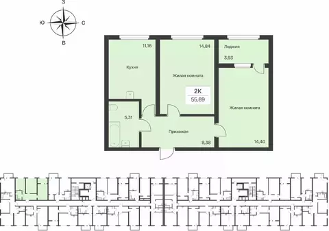 2-к кв. Ленинградская область, Всеволожский район, Заневское городское ...