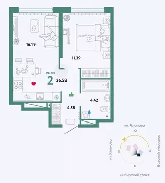 2-к кв. Свердловская область, Екатеринбург тракт Сибирский, 24 (36.3 ...
