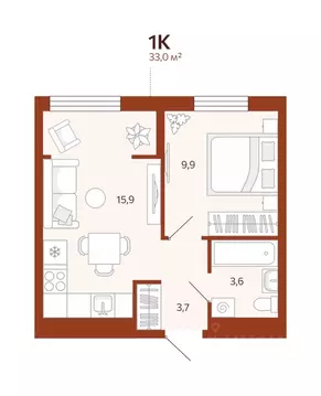1-к кв. Тюменская область, Тюмень ул. Новаторов, 30 (33.0 м)