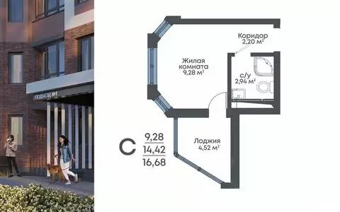 Студия Воронежская область, Воронеж 8 Элемент жилой комплекс (16.68 м)