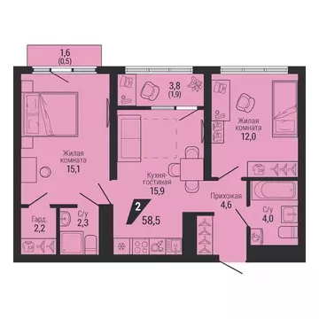 2-к кв. Свердловская область, Екатеринбург Вторчермет жилрайон,  (58.5 ...
