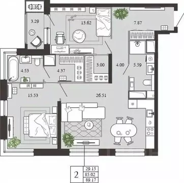 2-к кв. Тульская область, Тула ул. Фридриха Энгельса, 74 (89.17 м)