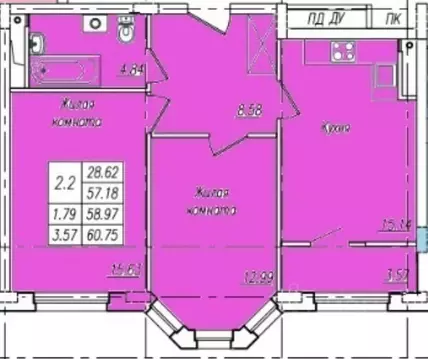 2-к кв. Тамбовская область, Тамбов Пахотная ул., 18 (60.75 м)