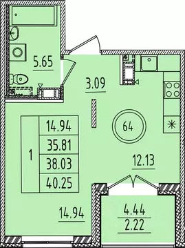 1-к кв. Санкт-Петербург пос. Шушары, ул. Соколиная, 10к2 (35.81 м)