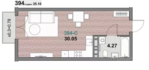 1-к кв. Калининградская область, Зеленоградск ул. Гагарина (35.1 м)