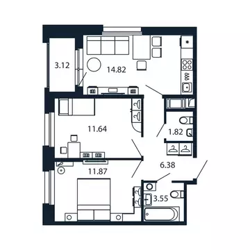 2-комнатная квартира: Новоселье, Центральная улица, 30к1 (49.6 м)
