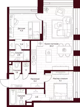 2-к кв. Москва Дом 7 Даниловский жилой комплекс (75.3 м)