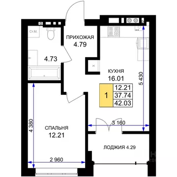 1-к кв. Калининградская область, Гурьевск Включи жилой комплекс (42.03 ...