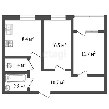 2-комнатная квартира: Ялуторовск, улица Карла Либкнехта, 22 (51.5 м)