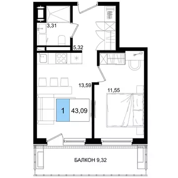 1-к кв. Краснодарский край, Анапа Лучи жилой комплекс (43.09 м)