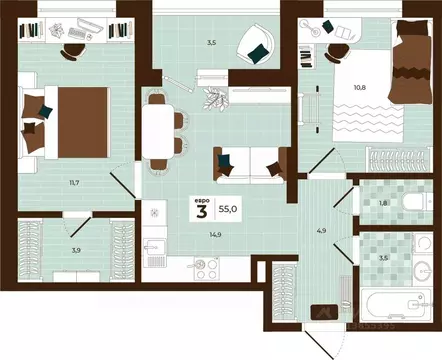 3-к кв. Тульская область, Тула ул. Академика Насоновой, 3 (55.0 м)