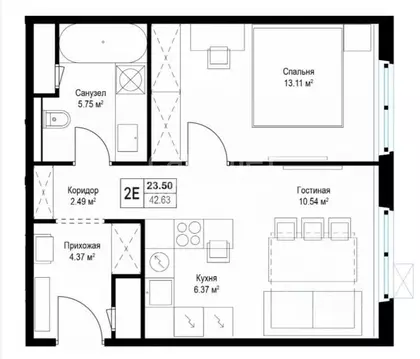 Квартира, 2 комнаты, 42.6 м