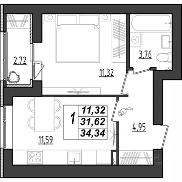 1-к кв. Мордовия, Саранск Химмаш жилрайон, 4-й мкр,  (34.34 м)