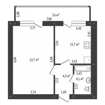 1-к кв. Башкортостан, Уфа Дагестанская ул., 33 (42.8 м)