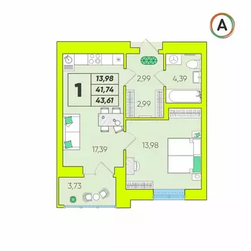 1-к кв. Калужская область, Калуга Зеленый жилой комплекс (43.61 м)