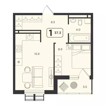1-к кв. Тюменская область, Тюмень  (37.3 м)