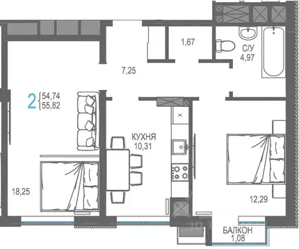 2-к кв. Крым, Симферопольский район, Гвардейское пгт, Республика жилой ...