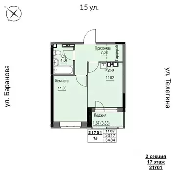 1-к кв. Удмуртия, Ижевск 15-я ул., 13 (34.84 м)
