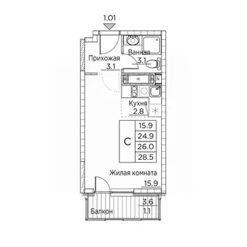 1-к кв. Приморский край, Владивосток ул. Расула Гамзатова, 7к3 (28.5 ...