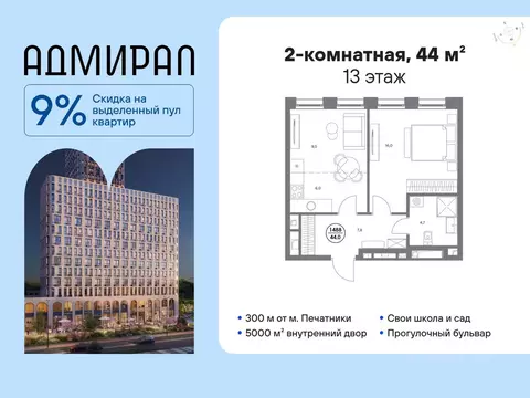2-к кв. Москва Адмирал жилой комплекс (44.0 м)