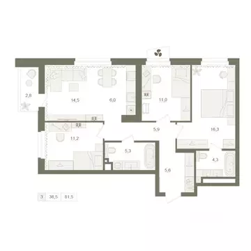 3-к кв. Башкортостан, Уфа Родина Парк жилой комплекс (81.5 м)