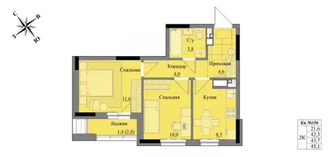 2-к кв. Удмуртия, Ижевск Краски Леса жилой комплекс (43.7 м)