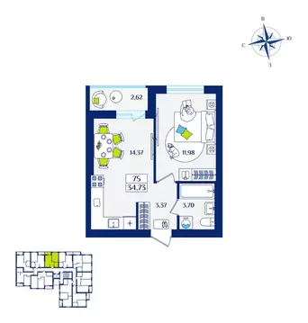 1-к кв. Калининградская область, Зеленоградск  (34.73 м)