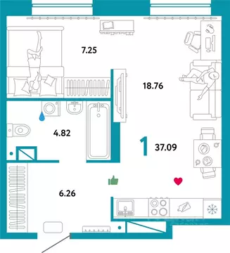 1-к кв. Тюменская область, Тюмень Интернациональная ул., 199к9 (37.09 ...