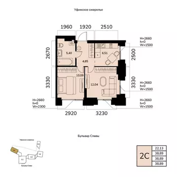 2-к кв. Башкортостан, Уфа ул. Чудинова (38.89 м)