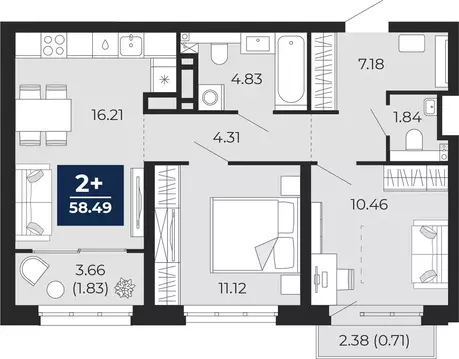 2-комнатная квартира: Тюмень, Камчатская улица, 109к1 (61.99 м)