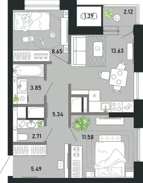 2-к кв. Тульская область, Тула Премьер Парк жилой комплекс (54.76 м)