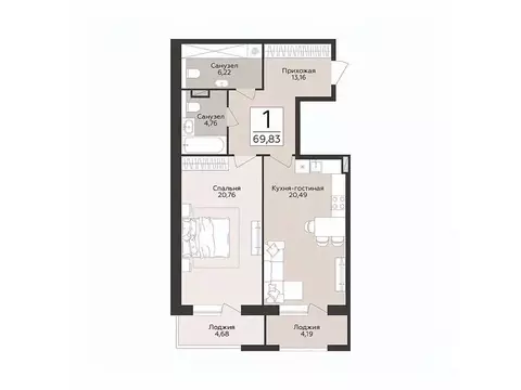 1-к кв. Воронежская область, Воронеж Эклипс жилой комплекс (69.83 м)