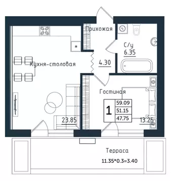 1-к кв. Калининградская область, Янтарный пгт Янтарные Сезоны жилой ...