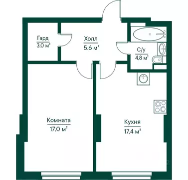 2-к кв. Самарская область, Самара Грин Ривер жилой комплекс (47.79 м)