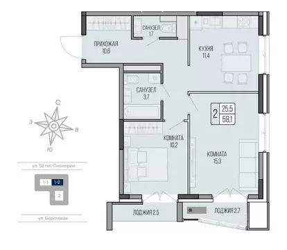 2-к кв. Удмуртия, Ижевск ул. 50 лет Пионерии, 41 (58.1 м)