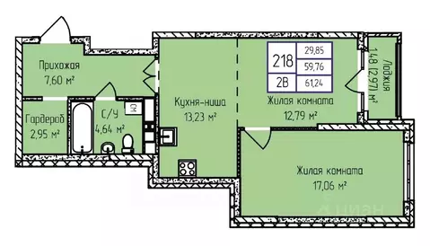 2-к кв. Удмуртия, Ижевск ул. Героя России Ильфата Закирова, 20А (61.24 ...
