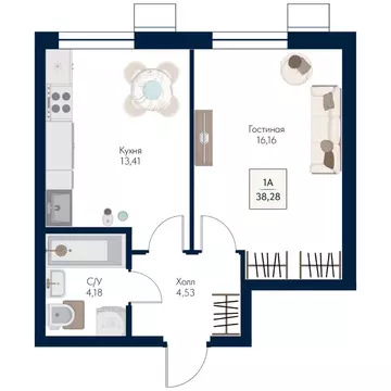 1-к кв. Московская область, Мытищи Бархат жилой комплекс (38.28 м)