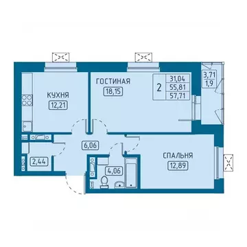 2-к кв. Красноярский край, Красноярск Свободный просп. (57.71 м)