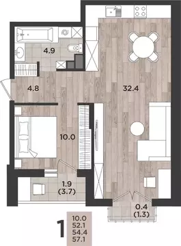 1-к кв. Калининградская область, Калининград ул. Миргородская, 2 (54.4 ...