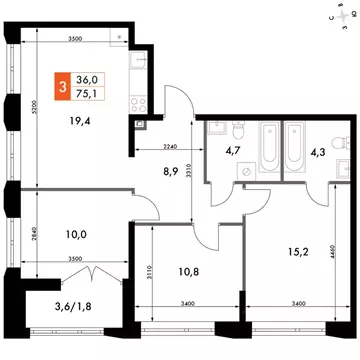 3-к кв. Нижегородская область, Нижний Новгород Черниговская ул. (75.1 ...