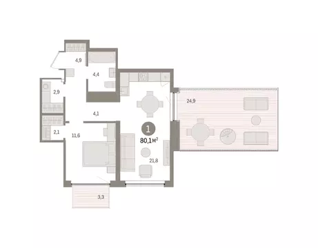 1-комнатная квартира: Тюмень, Причальная улица, 5 (80.09 м)