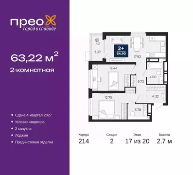 2-к кв. Тюменская область, Тюмень Тюменская Слобода мкр, Прео жилой ...