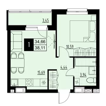 1-к кв. Самарская область, Самара Южное ш., 7А (36.39 м)