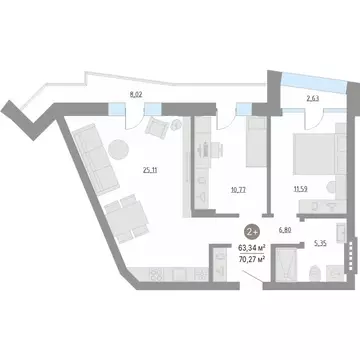 2-комнатная квартира: Кулаково, жилой комплекс Кипрея Квартиры (69.5 ...