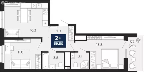 2-комнатная квартира: Тюмень, улица Тимофея Чаркова, 77 (62.3 м)