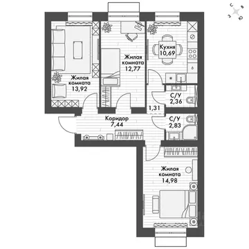 3-к кв. Татарстан, Зеленодольский район, Октябрьское с/пос, пос. ...