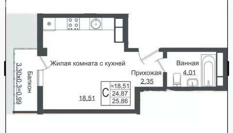 1-комнатная квартира: Краснодар, Карпатская улица, 5 (25.5 м)